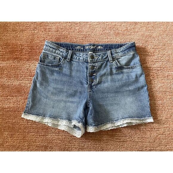 Cat & Jack Girls Denim Shorts XL 14/16 Eyelet Lace Hem Button Fly Stretch - Picture 1 of 7